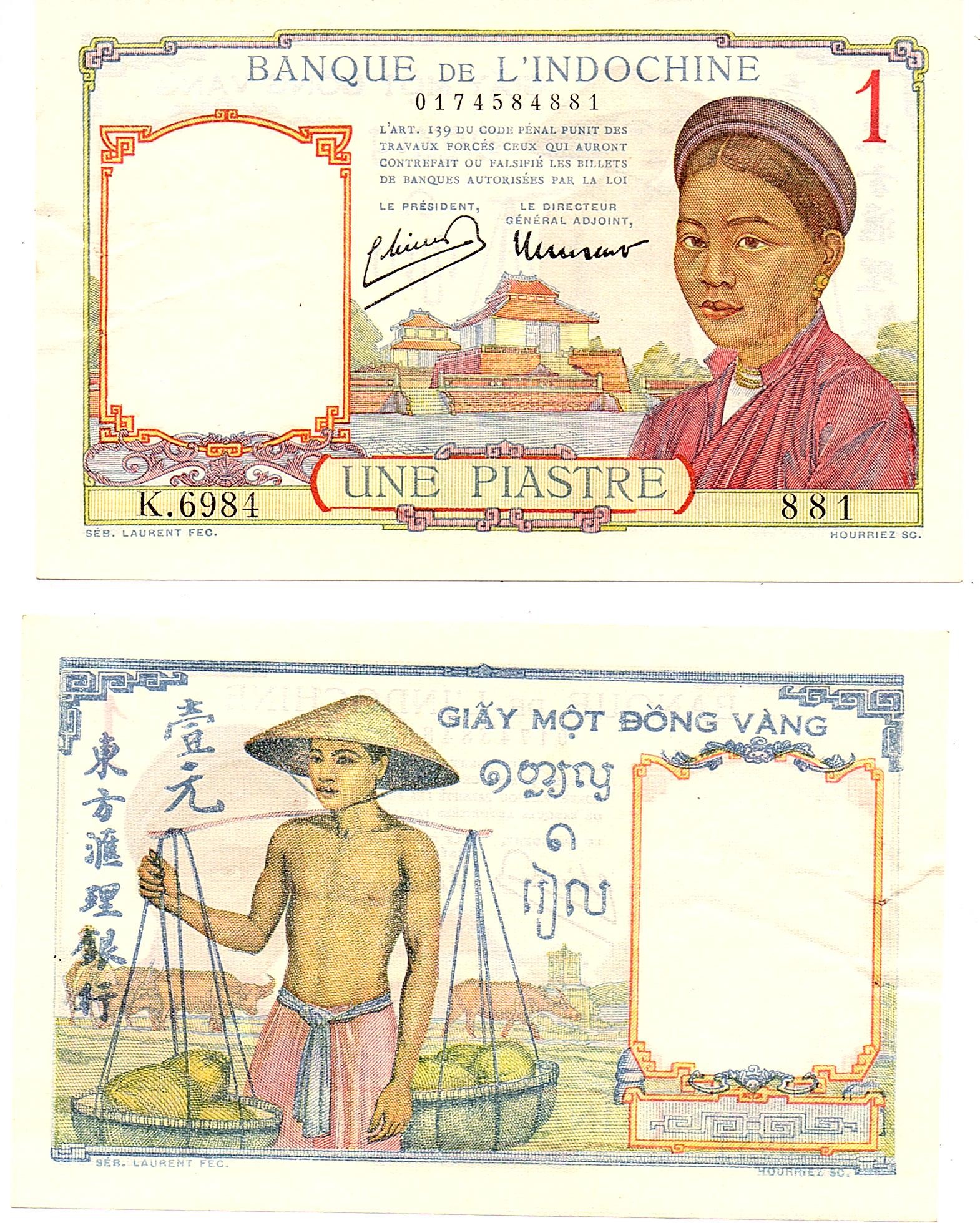French Indochina #54c/AU 1 Piastre / Yuan / Đồng / Kip / Riel